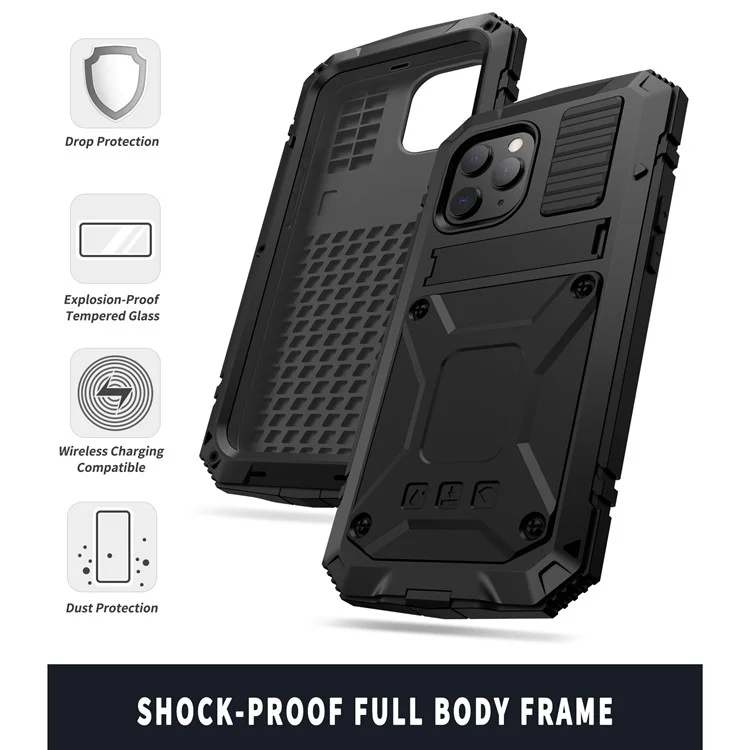 R-JUST Shockproof Dustproof Waterproof Protector Case for iPhone 12 Pro Max Kickstand Shell with Accurate Cut-outs  - Black