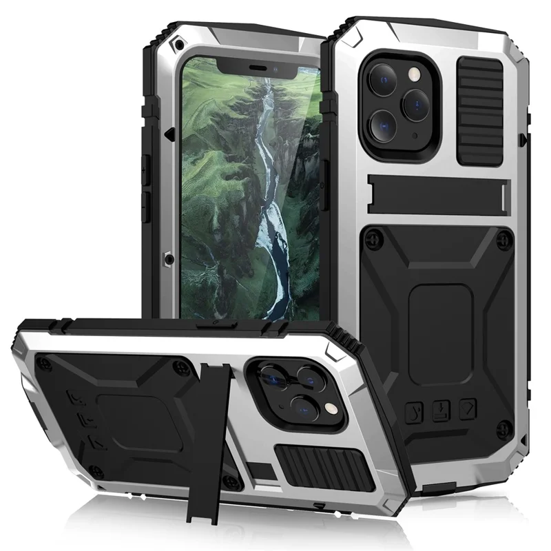 R-JUST Shockproof Dustproof Waterproof Protector Case for iPhone 12 Pro Max Kickstand Shell with Accurate Cut-outs - Silver