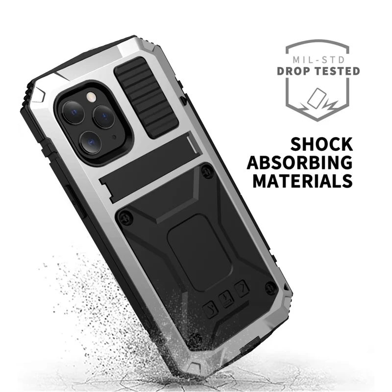 R-JUST Shockproof Dustproof Waterproof Protector Case for iPhone 12 Pro Max Kickstand Shell with Accurate Cut-outs - Silver