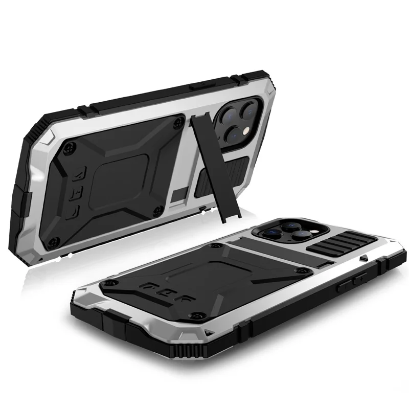R-JUST Shockproof Dustproof Waterproof Protector Case for iPhone 12 Pro Max Kickstand Shell with Accurate Cut-outs - Silver