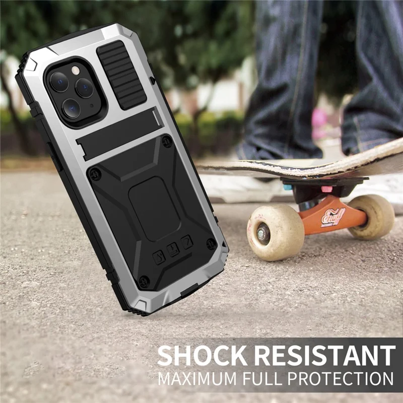 R-JUST Shockproof Dustproof Waterproof Protector Case for iPhone 12 Pro Max Kickstand Shell with Accurate Cut-outs - Silver