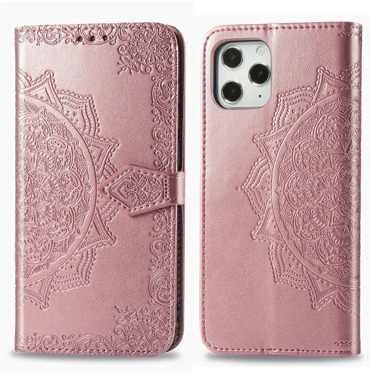 Embossed Mandala Flower Leather Wallet Stand Case for iPhone 12 Pro / iPhone 12 - Rose Gold