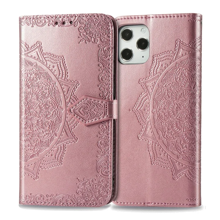 Embossed Mandala Flower Leather Wallet Stand Case for iPhone 12 Pro / iPhone 12 - Rose Gold
