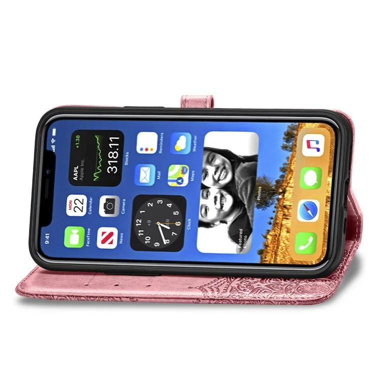 Embossed Mandala Flower Leather Wallet Stand Case for iPhone 12 Pro / iPhone 12 - Rose Gold