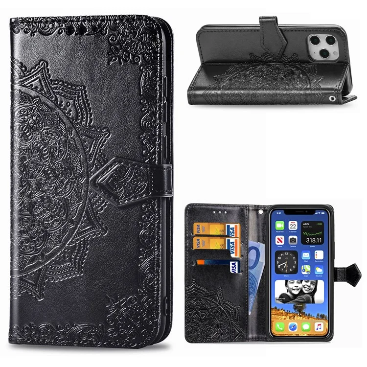 Embossed Mandala Flower Leather Wallet Stand Case for iPhone 12 Pro Max - Black