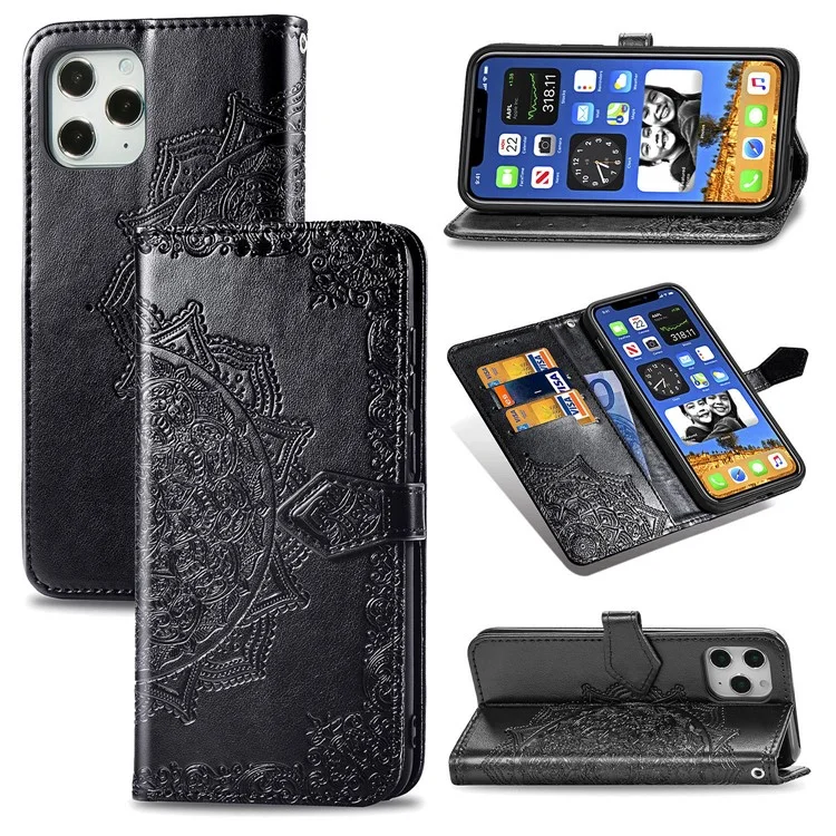 Embossed Mandala Flower Leather Wallet Stand Case for iPhone 12 Pro Max - Black