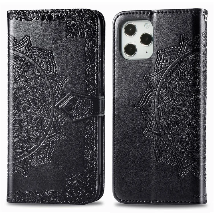 Embossed Mandala Flower Leather Wallet Stand Case for iPhone 12 Pro Max - Black