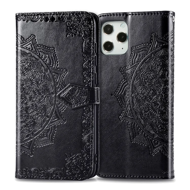 Embossed Mandala Flower Leather Wallet Stand Case for iPhone 12 Pro Max - Black