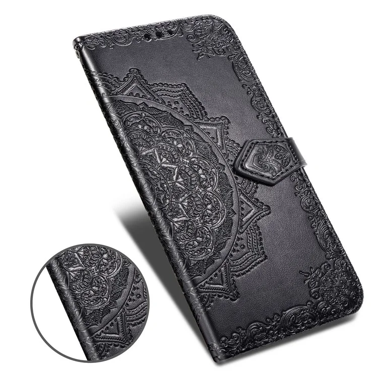 Embossed Mandala Flower Leather Wallet Stand Case for iPhone 12 Pro Max - Black