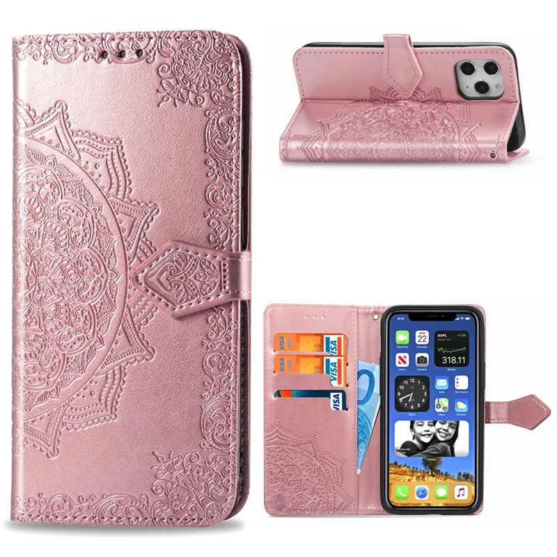 Geprägtes Mandala-Blumen-Leder-Wallet-Stand-Case für iPhone 12 Pro Max - Roségold