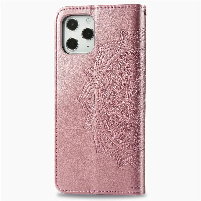 Geprägtes Mandala-Blumen-Leder-Wallet-Stand-Case für iPhone 12 Pro Max - Roségold