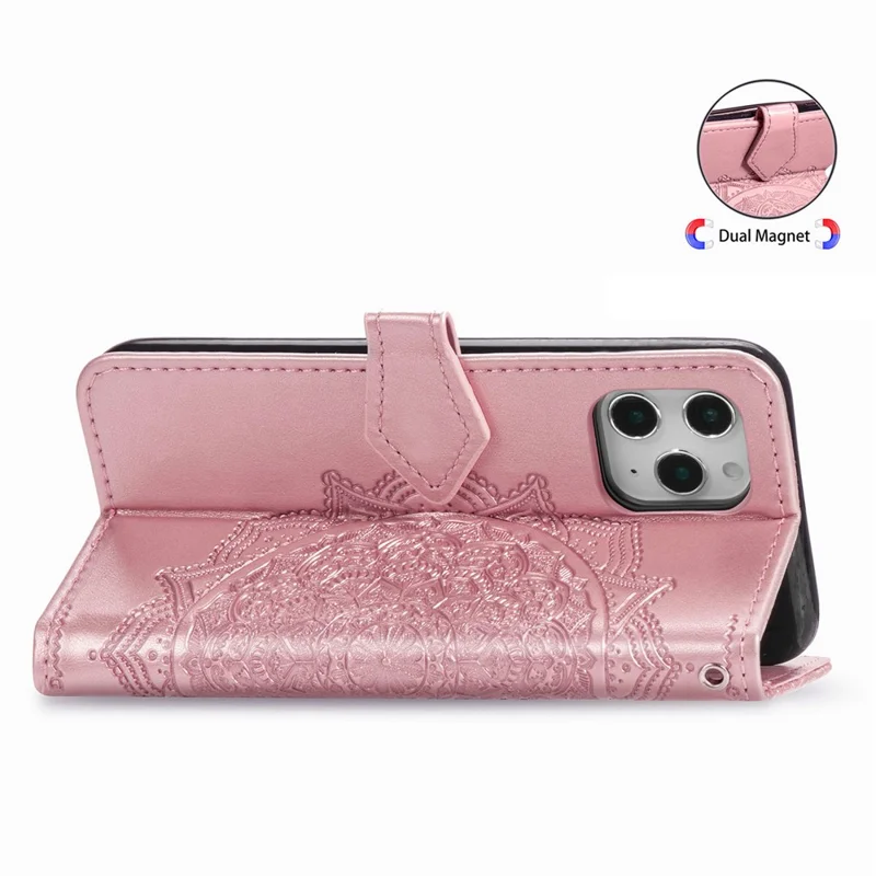 Geprägtes Mandala-Blumen-Leder-Wallet-Stand-Case für iPhone 12 Pro Max - Roségold