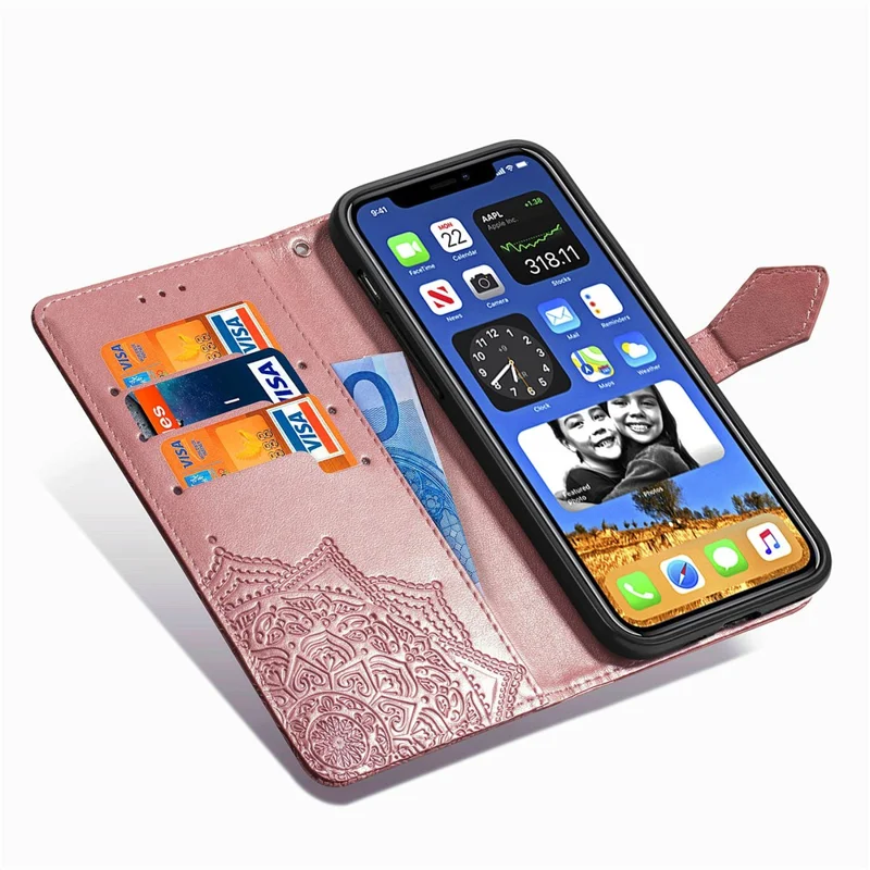 Geprägtes Mandala-Blumen-Leder-Wallet-Stand-Case für iPhone 12 Pro Max - Roségold