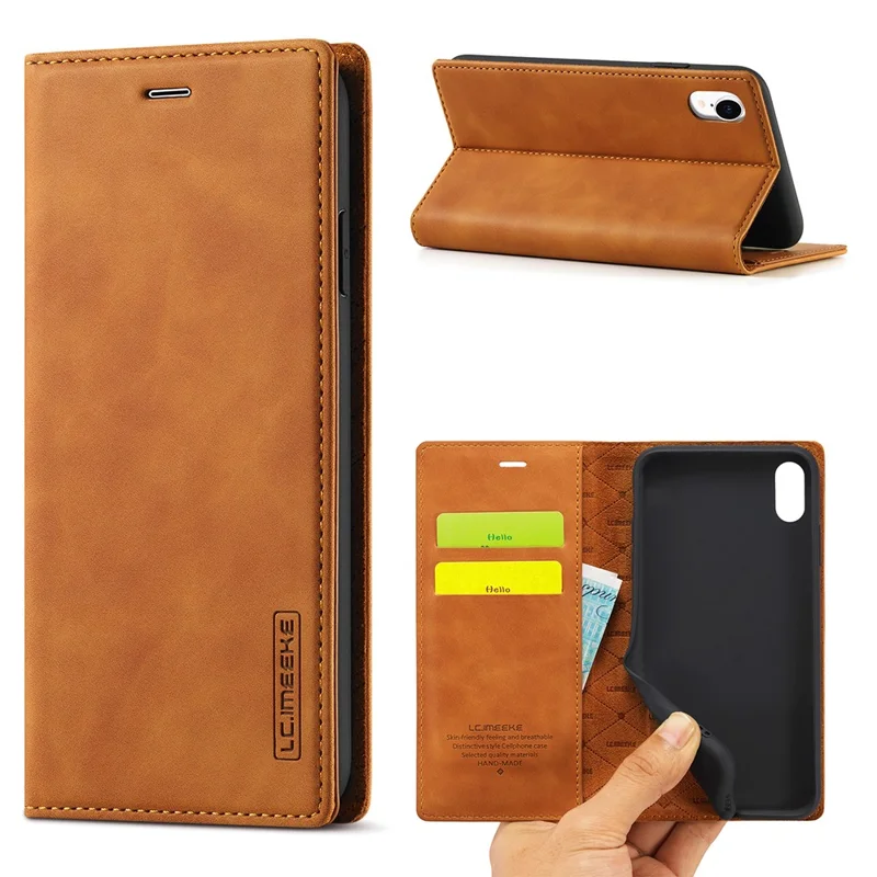 LC.IMEEKE TPU + PU Læder Stærkt Magnetisk Telefonbeskyttelsesomslag til iPhone XR - Brun