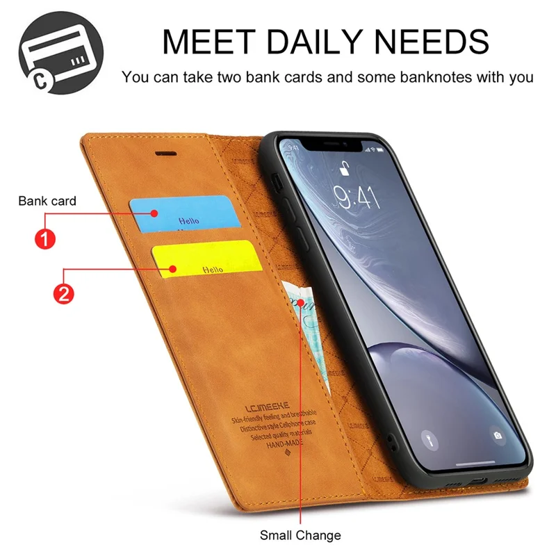 LC.IMEEKE TPU + PU Læder Stærkt Magnetisk Telefonbeskyttelsesomslag til iPhone XR - Brun