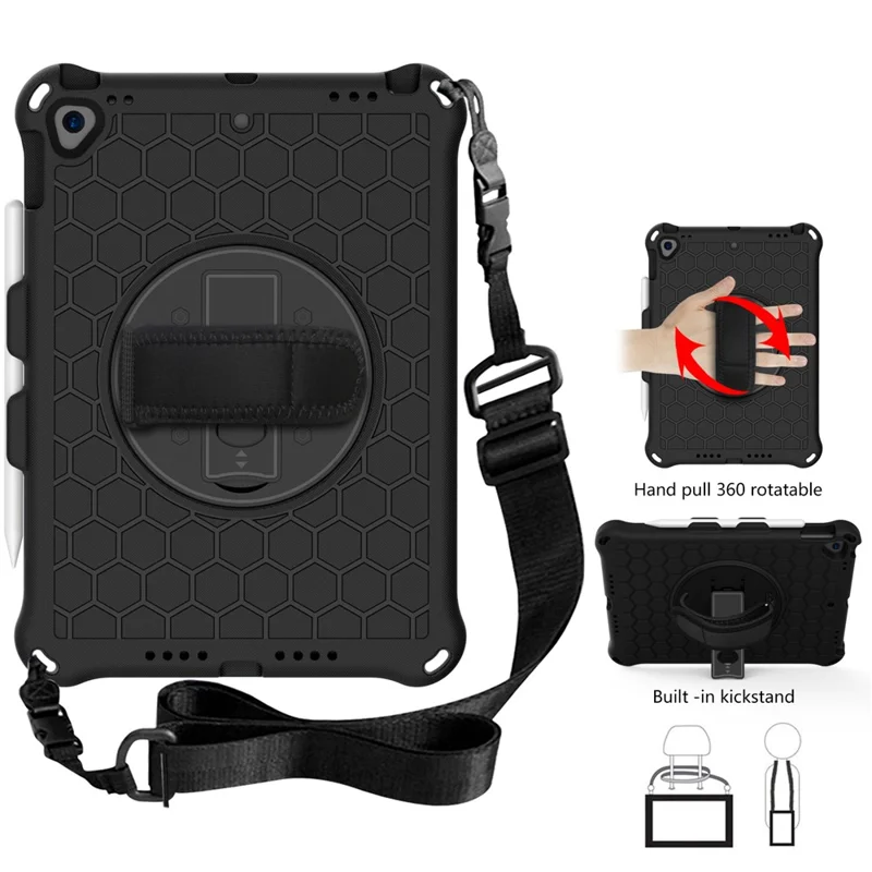 Honeycomb Texture Swivel Kickstand Shoulder Strap + Handy Strap Tablet Cover Case for iPad 10.2 (2021)/(2020)/(2019) - Black/Black