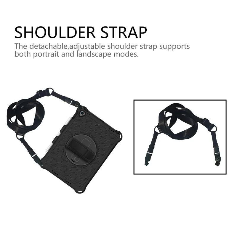 Honeycomb Texture Swivel Kickstand Shoulder Strap + Handy Strap Tablet Cover Case for iPad 10.2 (2021)/(2020)/(2019) - Black/Black