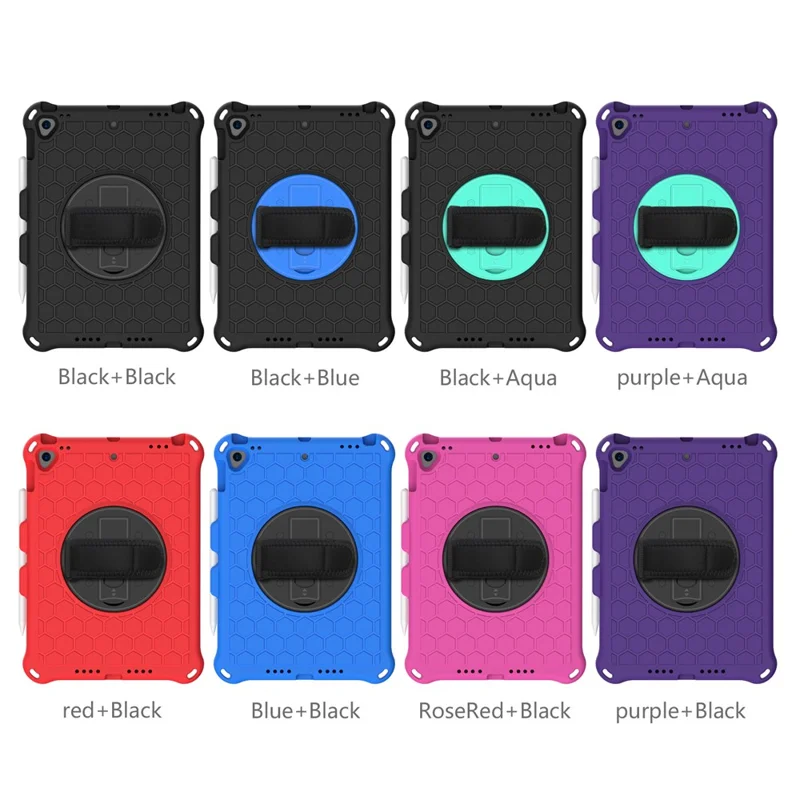 Honeycomb Texture Swivel Kickstand Shoulder Strap + Handy Strap Tablet Cover Case for iPad 10.2 (2021)/(2020)/(2019) - Black/Black