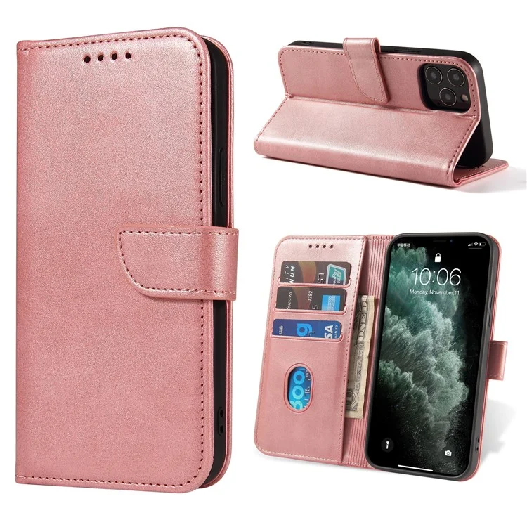Classic Style Magnetic Leather Phone Cover Case with Clasp for iPhone 12/12 Pro - Rose Gold
