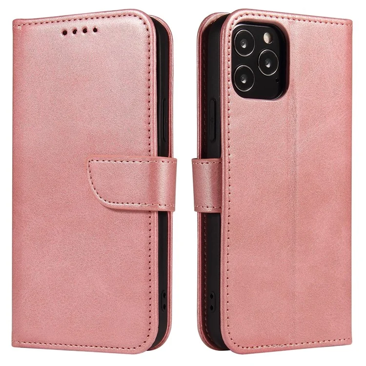 Classic Style Magnetic Leather Phone Cover Case with Clasp for iPhone 12/12 Pro - Rose Gold
