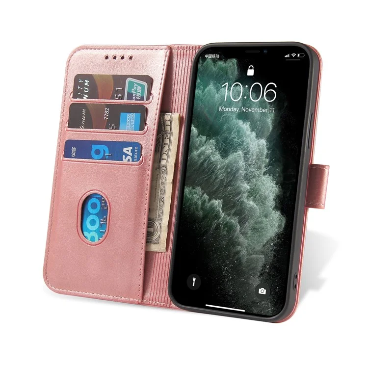 Classic Style Magnetic Leather Phone Cover Case with Clasp for iPhone 12/12 Pro - Rose Gold