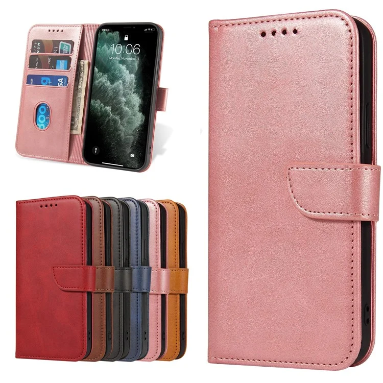 Classic Style Magnetic Leather Phone Cover Case with Clasp for iPhone 12/12 Pro - Rose Gold