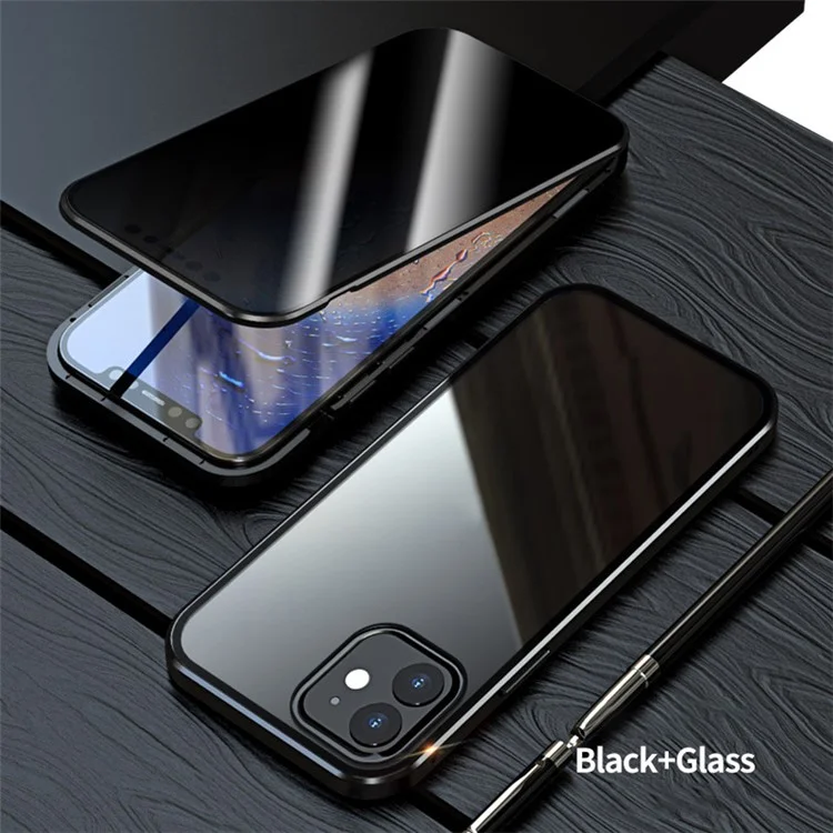 Anti-peep Magnetic Installation Metal Frame Two-sided Tempered Glass Case for iPhone 12 Pro/12 - Black