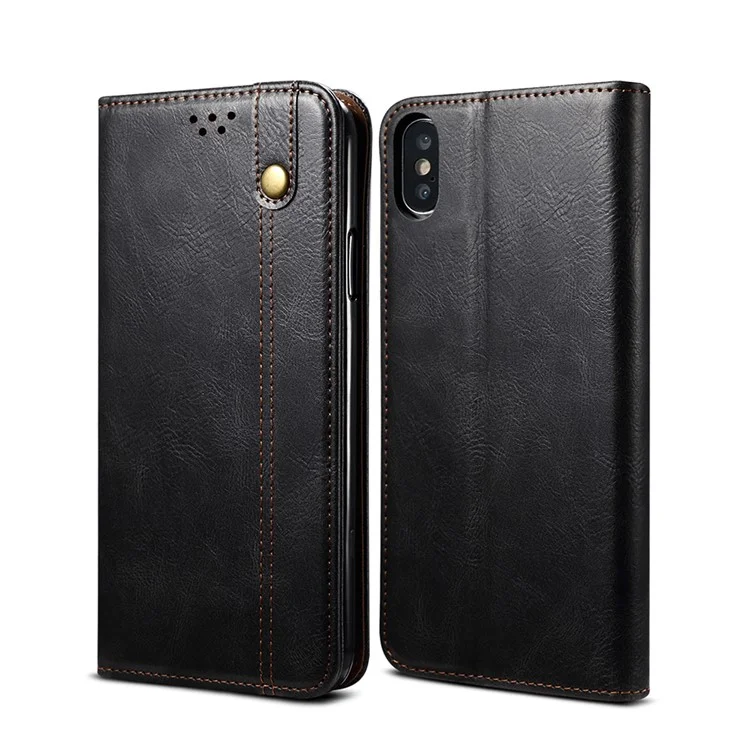 Magnetic Waxy Crazy Horse Texture Wallet Leatherphone Stand Cover Case Für IPhone X / XS - Schwarz