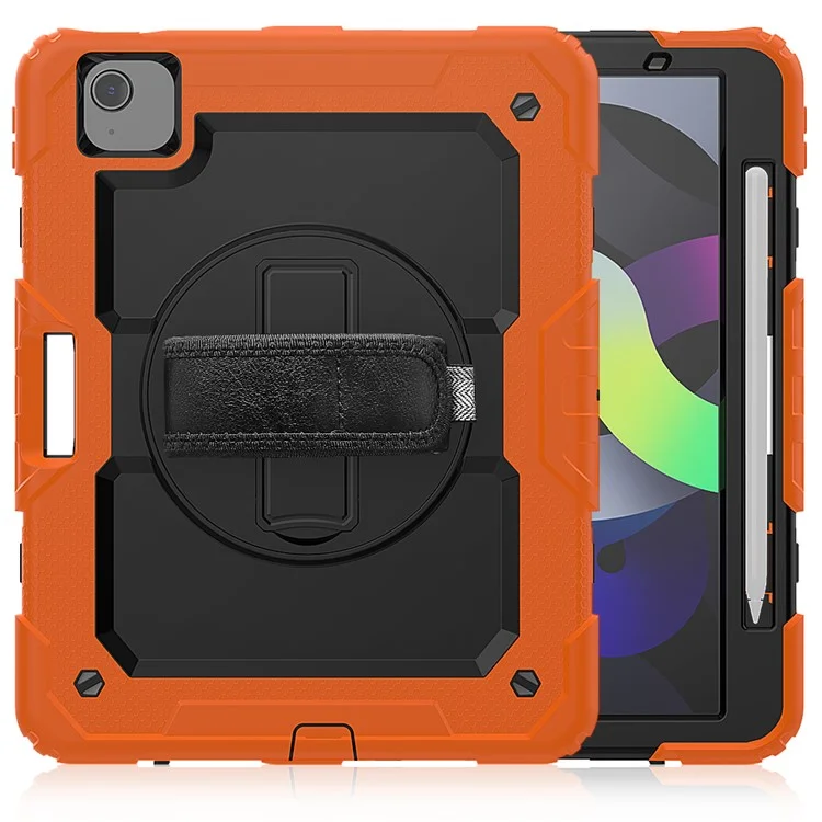 For Apple iPad Air (2020) / Air (2022) / Pro 11-inch  (2020) (2021) (2022) PC + Silicone 360° Swivel Kickstand Tablet Case with Handy Strap and Shoulder Strap - Orange / Black