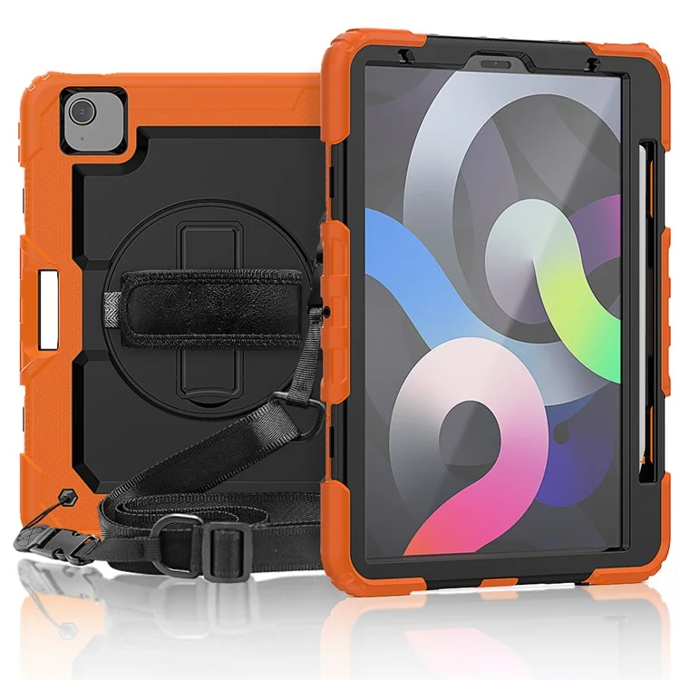 For Apple iPad Air (2020) / Air (2022) / Pro 11-inch  (2020) (2021) (2022) PC + Silicone 360° Swivel Kickstand Tablet Case with Handy Strap and Shoulder Strap - Orange / Black