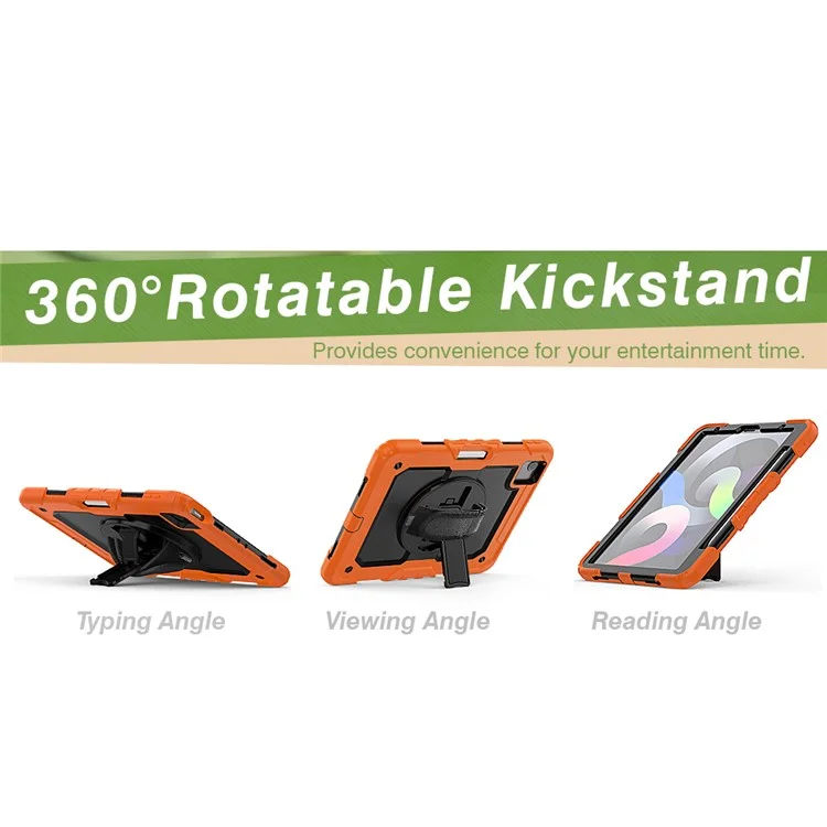 For Apple iPad Air (2020) / Air (2022) / Pro 11-inch  (2020) (2021) (2022) PC + Silicone 360° Swivel Kickstand Tablet Case with Handy Strap and Shoulder Strap - Orange / Black