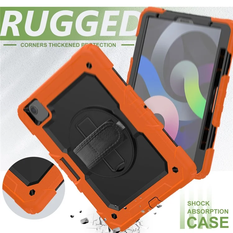 For Apple iPad Air (2020) / Air (2022) / Pro 11-inch  (2020) (2021) (2022) PC + Silicone 360° Swivel Kickstand Tablet Case with Handy Strap and Shoulder Strap - Orange / Black