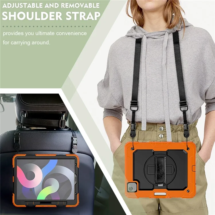 For Apple iPad Air (2020) / Air (2022) / Pro 11-inch  (2020) (2021) (2022) PC + Silicone 360° Swivel Kickstand Tablet Case with Handy Strap and Shoulder Strap - Orange / Black