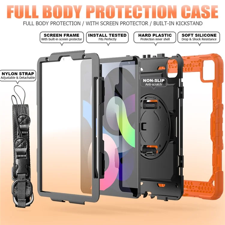 For Apple iPad Air (2020) / Air (2022) / Pro 11-inch  (2020) (2021) (2022) PC + Silicone 360° Swivel Kickstand Tablet Case with Handy Strap and Shoulder Strap - Orange / Black
