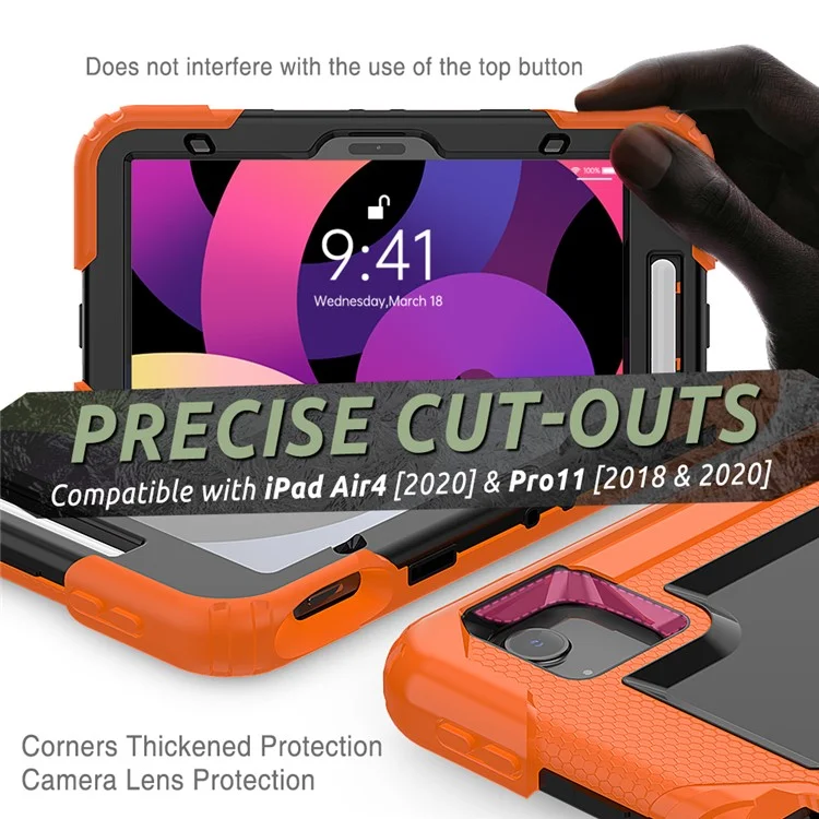 For Apple iPad Air (2020) / Air (2022) / Pro 11-inch  (2020) (2021) (2022) PC + Silicone 360° Swivel Kickstand Tablet Case with Handy Strap and Shoulder Strap - Orange / Black