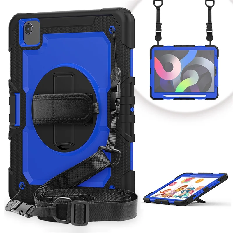 For Apple iPad Air (2020) / Air (2022) / Pro 11-inch  (2020) (2021) (2022) PC + Silicone 360° Swivel Kickstand Tablet Case with Handy Strap and Shoulder Strap - Black / Blue