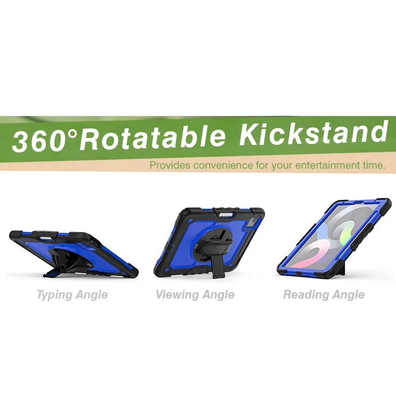 For Apple iPad Air (2020) / Air (2022) / Pro 11-inch  (2020) (2021) (2022) PC + Silicone 360° Swivel Kickstand Tablet Case with Handy Strap and Shoulder Strap - Black / Blue