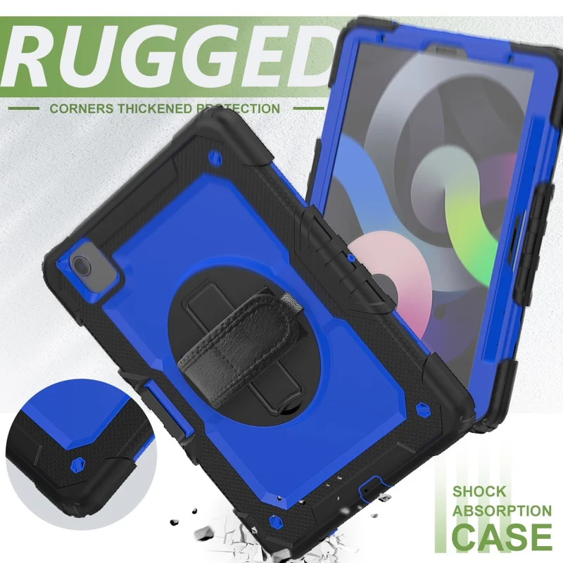 For Apple iPad Air (2020) / Air (2022) / Pro 11-inch  (2020) (2021) (2022) PC + Silicone 360° Swivel Kickstand Tablet Case with Handy Strap and Shoulder Strap - Black / Blue