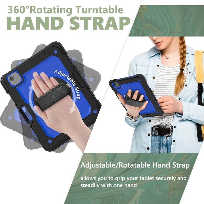 For Apple iPad Air (2020) / Air (2022) / Pro 11-inch  (2020) (2021) (2022) PC + Silicone 360° Swivel Kickstand Tablet Case with Handy Strap and Shoulder Strap - Black / Blue