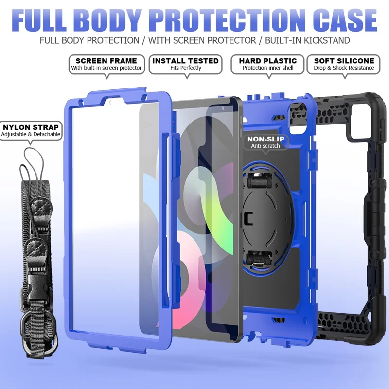 For Apple iPad Air (2020) / Air (2022) / Pro 11-inch  (2020) (2021) (2022) PC + Silicone 360° Swivel Kickstand Tablet Case with Handy Strap and Shoulder Strap - Black / Blue