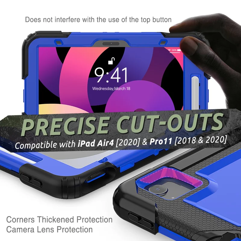 For Apple iPad Air (2020) / Air (2022) / Pro 11-inch  (2020) (2021) (2022) PC + Silicone 360° Swivel Kickstand Tablet Case with Handy Strap and Shoulder Strap - Black / Blue