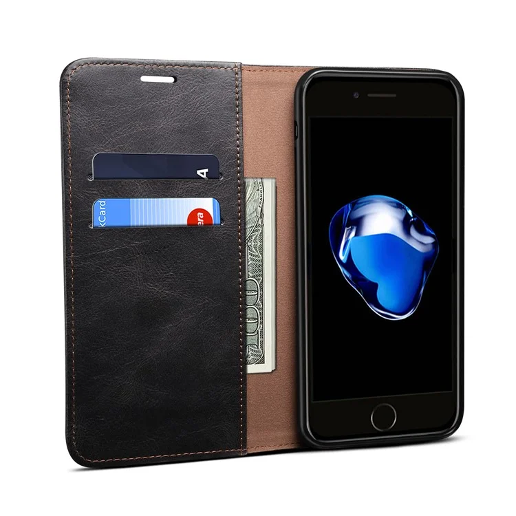 Auto-Absorbed Waxy Crazy Horse Texture  Wallet Leather Phone Stand Cover Case for iPhone 7/8/SE (2020)/SE (2022) - Black