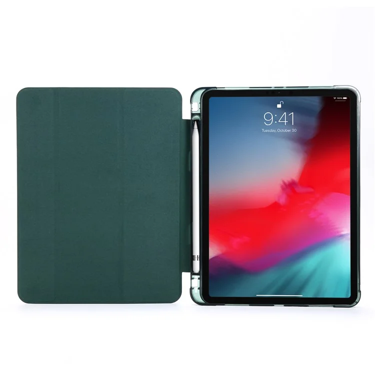 Caixa de Couro de Suporte Com Três Dobras Com Caneta de Caneta Para Ipad Air (2020)/ar (2022) Comprimido de Comprimido - Verde Escuro