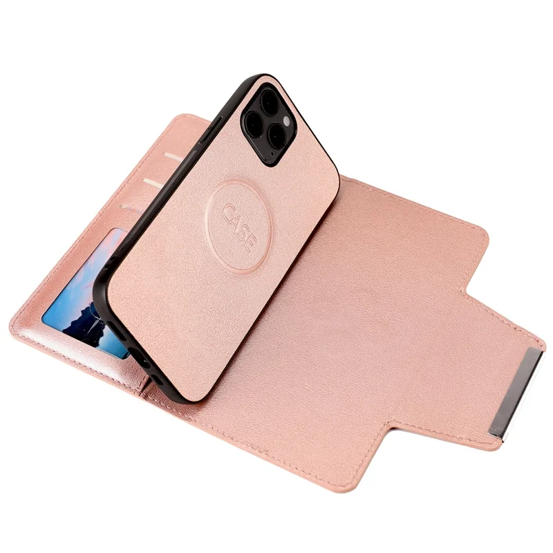 PU Leather Wallet Cell Phone Shelf Cover with Detachable Inner TPU Case for iPhone 12 Pro / iPhone 12 - Rose Gold