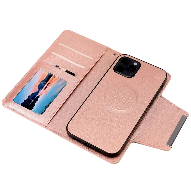 PU Leather Wallet Cell Phone Shelf Cover with Detachable Inner TPU Case for iPhone 12 Pro / iPhone 12 - Rose Gold