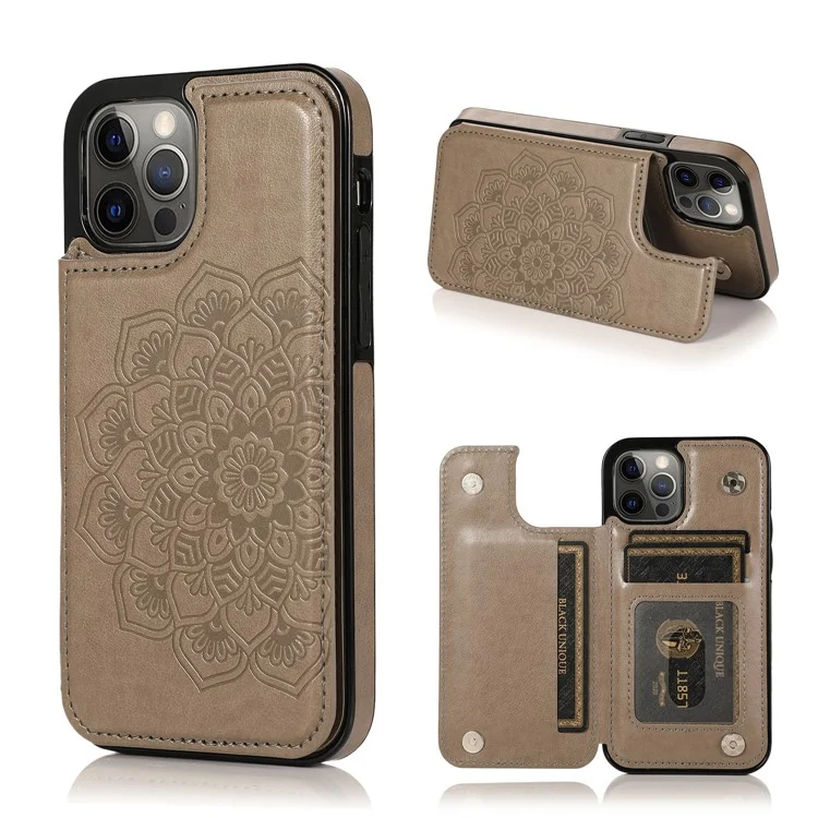 Étui de téléphone portable en cuir PU + TPU hybride avec support pour iPhone 12/12 Pro - Fleur de mandala impression - Gris 