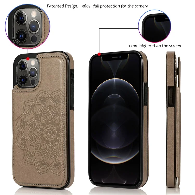 Étui de téléphone portable en cuir PU + TPU hybride avec support pour iPhone 12/12 Pro - Fleur de mandala impression - Gris 
