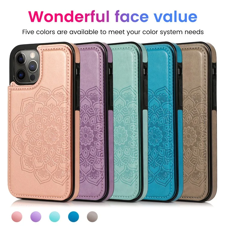 Étui de téléphone portable en cuir PU + TPU hybride avec support pour iPhone 12/12 Pro - Fleur de mandala impression - Gris 