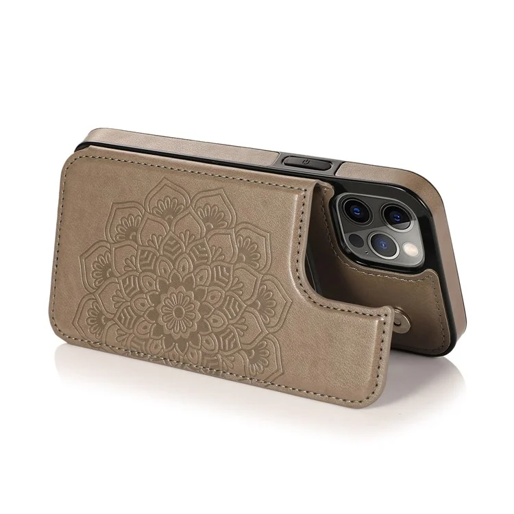 Étui de téléphone portable en cuir PU + TPU hybride avec support pour iPhone 12/12 Pro - Fleur de mandala impression - Gris 
