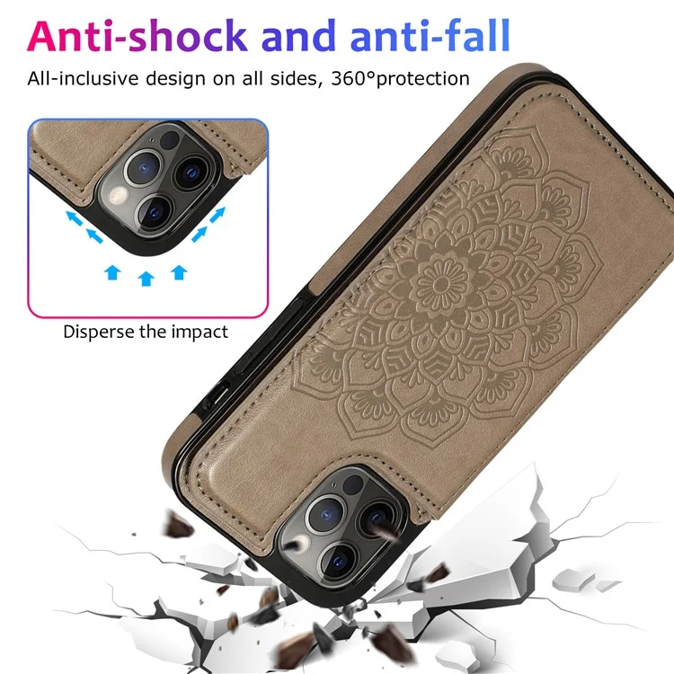 Étui de téléphone portable en cuir PU + TPU hybride avec support pour iPhone 12/12 Pro - Fleur de mandala impression - Gris 